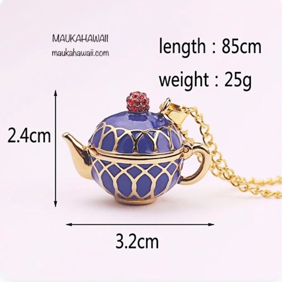 Enamel Blue Teapot Secret Compartment Poison Pill Necklace w 18 in Chain New! - Picture 4 of 14